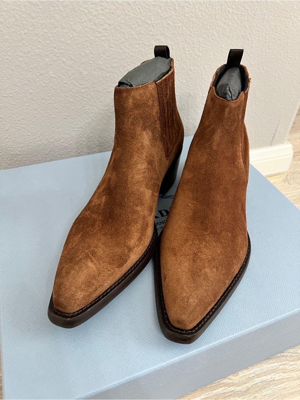 Prada Women's Chestnut Brown Suede Chelsea Ankle Boots